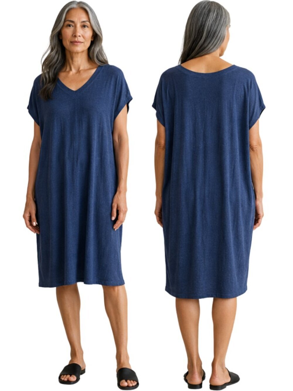 Eileen Fisher 100% Organic Linen V-Neck Midi Dress Women's Small Blue Chic NWOT